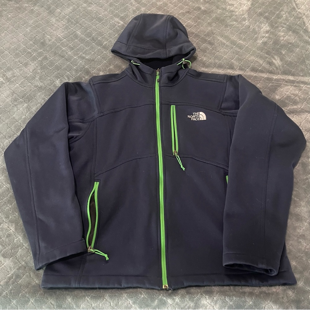 The North Face Navy Hooded Softshell Jacket with Green Zippers